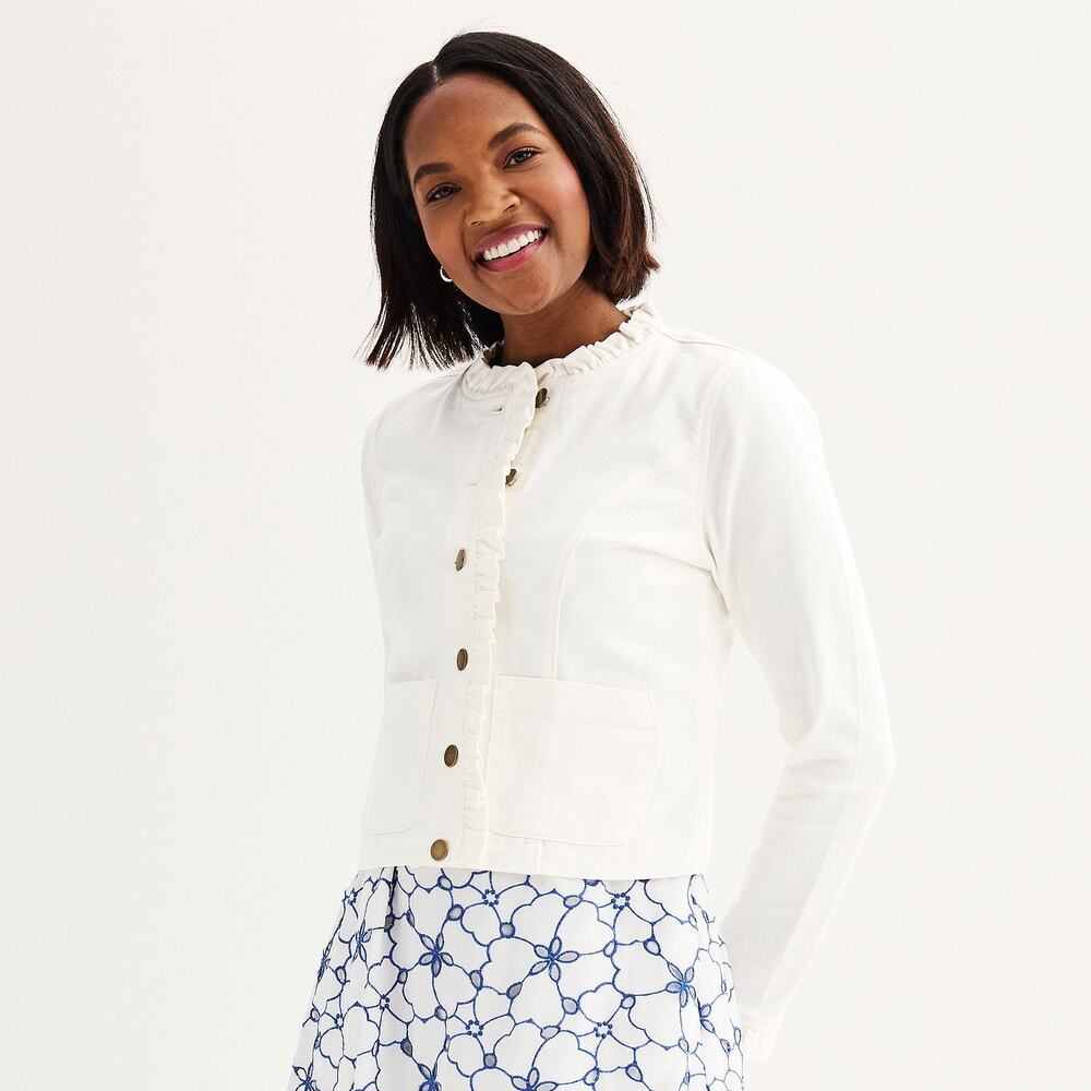 Draper James Ruffle Denim Jacket Size S White Feminine Coastal Chic Preppy